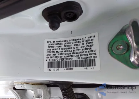 2019 Honda Civic Ex z USA, uszkodzony, nr VIN 19XFC1F35KE203291